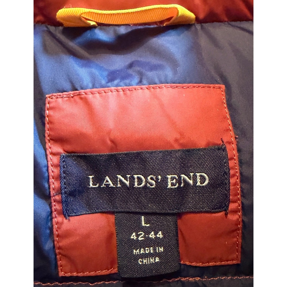 Lands End Mens Down Puffer Vest Rust Orange Navy Blue Quilted Snap Front Large - Picture 3 of 8